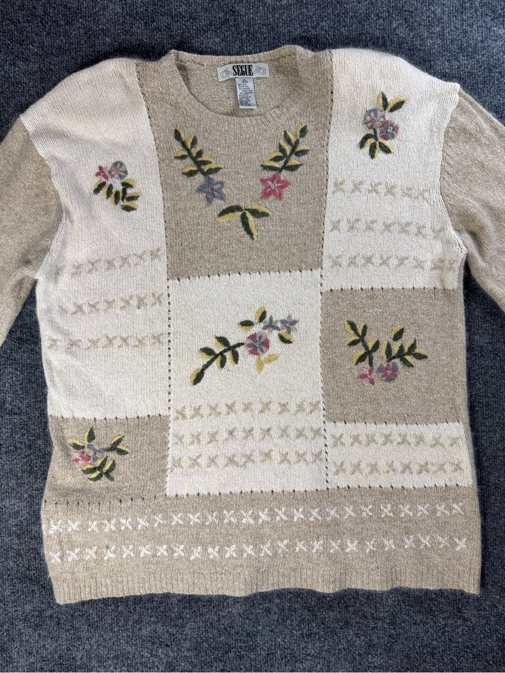 Segue Vintage Cream and Beige Floral Patchwork Sweater